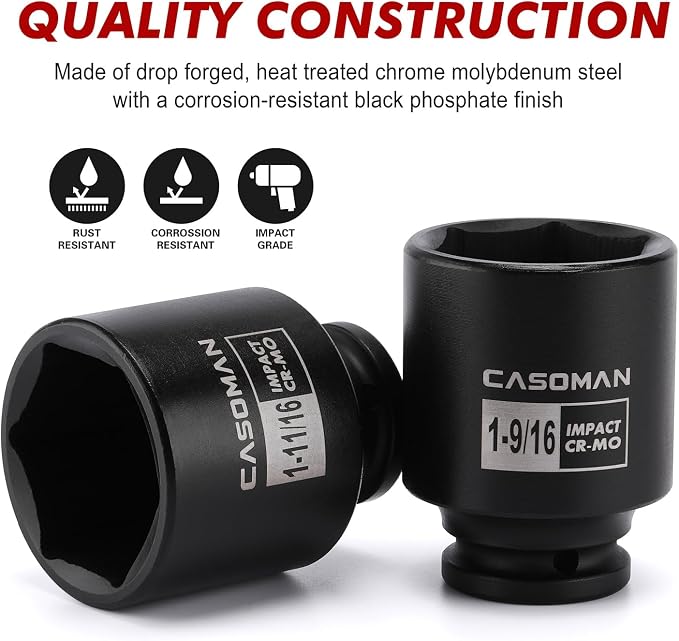 CASOMAN 1/2-Inch Drive Shallow Spindle Axle Nut Impact Socket Set,1-9/16" to 2", 6-Point, SAE, CR-MO, 8 Piece 1/2" Heavy Duty Impact Socket Set