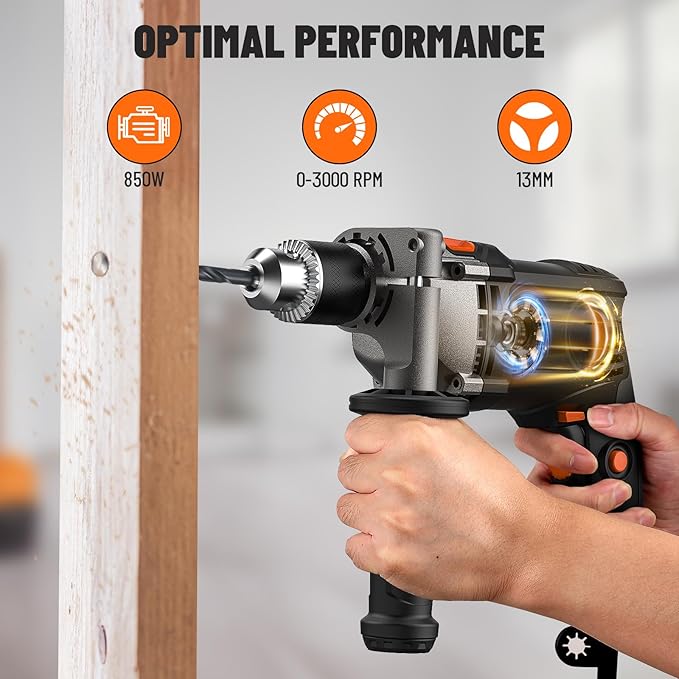 DOVAMAN 7.5A Corded Hammer Drill, 1/2'' Impact Drill with Variable Speed 0–3000RPM, Metal Chuck, 2 Modes for Concrete, Wood, Metal – Includes Bits & Carrying Case-PHD03B