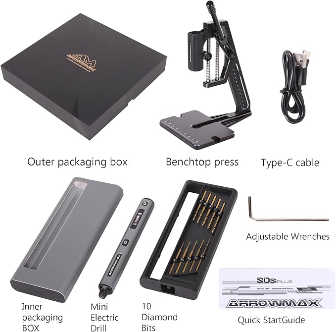 5-Speed Mini Electric Drill Pen with Benchtop Press, 10 Small Bits with Aluminium Box, LED Lights, OLED Display, Resin Drill Set For Jewelry Making, Plastic, Wood