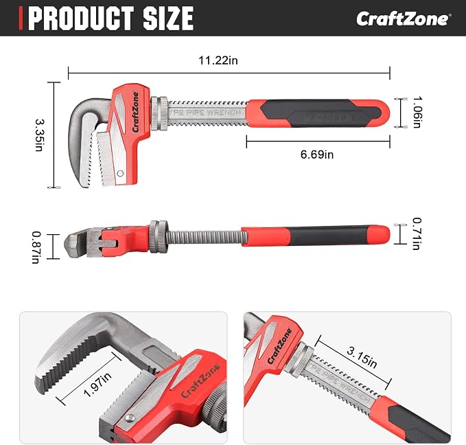 11 Inch Aluminum Pipe Wrench, Heavy-Duty Adjustable Plumbing Wrench, 80mm Max Jaw Capacity, Cr-V Steel Jaw, Lightweight Straight Pipe Wrench for Pipe Fittings