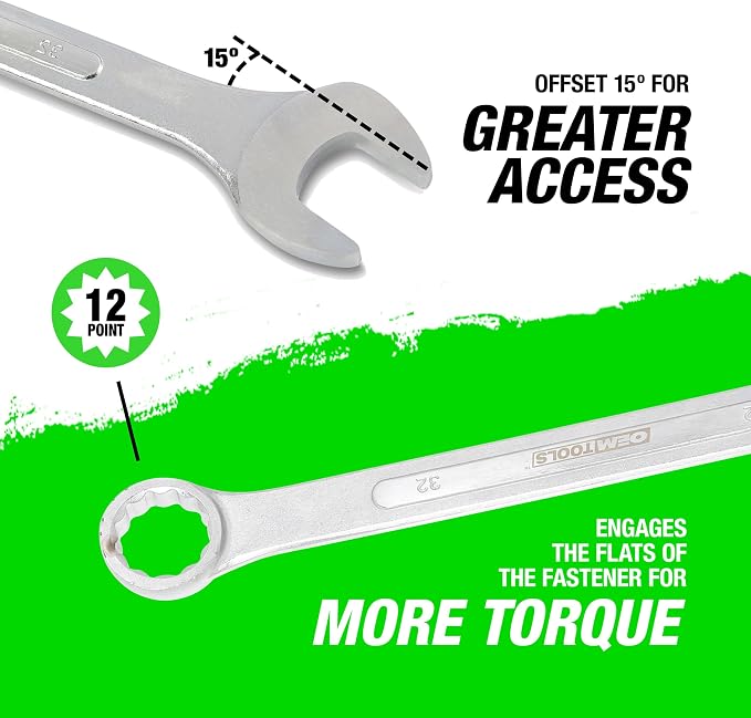 OEMTOOLS 8-PC 12 Pt. Metric Jumbo Combination Wrench Set 21 mm - 32 mm | Chrome Plated Finish Box End Wrenches, 15° Offset, Includes Canvas Wrench Roll, Drop-Forged Alloy Steel