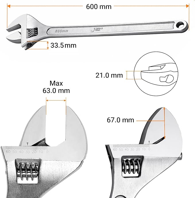 Jetech 24-Inch Adjustable Wrench, Professional Heavy Duty, Chrome Vanadium Steel, Shifter Spanner with Inch/Metric Scale, Wide Caliber Opening, Rust-Resistant Finish, Extra-Long Leverage