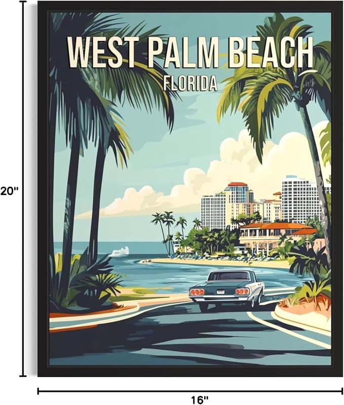 West Palm Beach Florida Wall Art Print Poster, US Vintage Retro Beach Scenery Posters Prints for Restroom Home Picture Painting Artwork Gallery 219 (West Palm Beach Florida, 16 x 20 inches, Black Frame)
