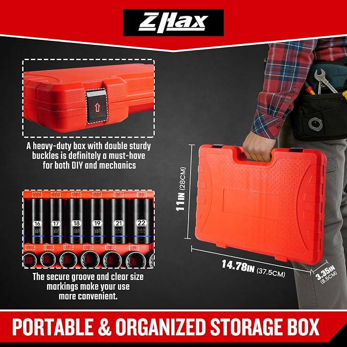 ZHAX 3/8 Inch Drive 12 Point Impact Socket Set, 74 PCS Standard SAE(5/16"- 3/4") & Metric(8-22mm) With Color Ring, Deep & Shallow, 72T Wrench Ratchet Tool Kit,Cr-V With Heavy Duty Storage Case