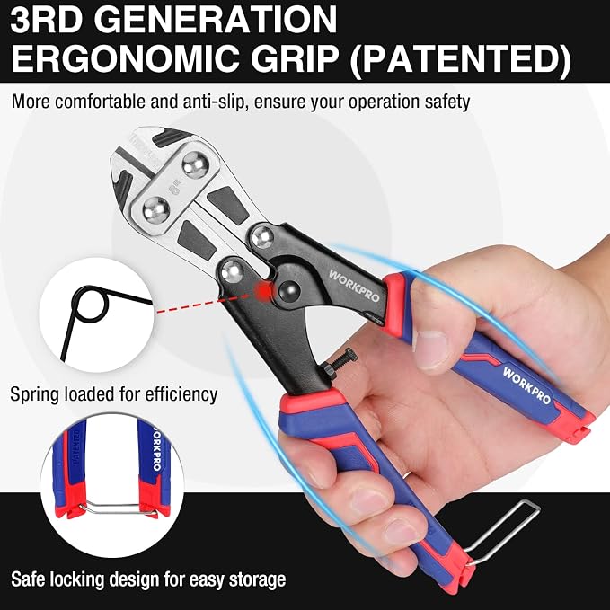 WORKPRO Mini Bolt Cutter 8-inch, Spring Loaded Wire Cutters Heavy Duty with Soft Anti-slip Handle, Small Bolt Cutter, Wire Cable Cutter, Spring Snips Clippers (Upgrade Grip)