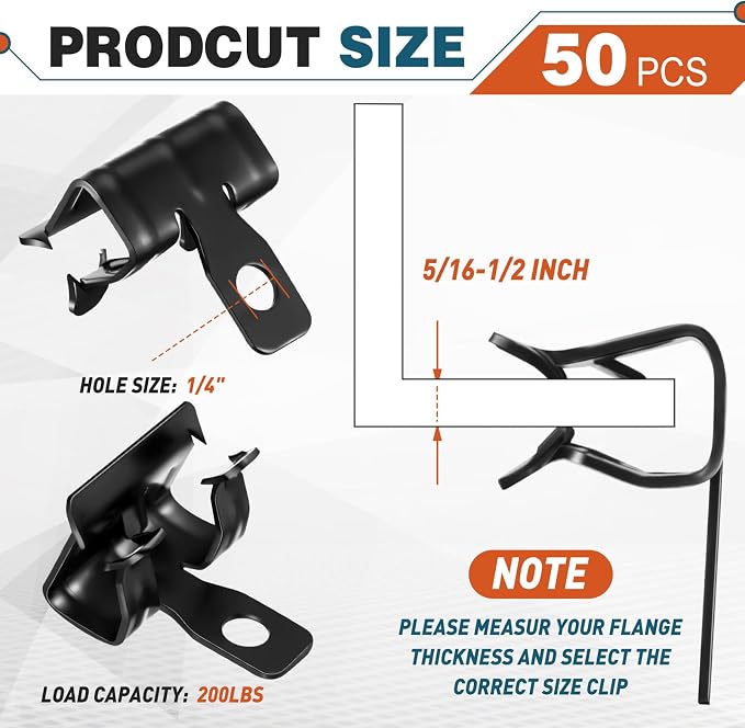 Hicarer 50 Pcs Hammer-On Flange Clip Side Mount 5/16-1/2 Inch Clamp for Beam with Hole Cable Clip for Flanges Spring Steel