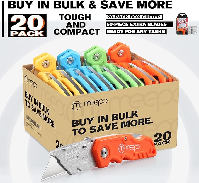 M MEEPO Box Cutter, 20-Pack Tough Folding Box Cutter Bulk for Heavy Duty Purpose, Razor Sharp Utility Knife Bulk, with Extra 50-Piece Blades, Can cut Drywall, Sheet Plastic, Linoleum, Boxes, Rope