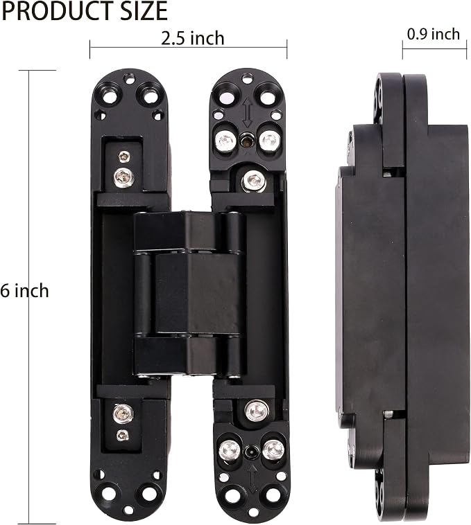 8-Pack 6 inch Hidden Door Hinges Heavy Duty Black, Invisible Concealed Hinges Zinc Alloy 6''x 2.5''x1Inch,180 Degree Swing Hinge, 3 Way Adjustable Hinge with Pins and Screws