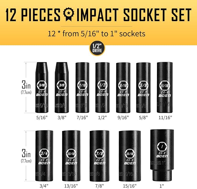 BOEN 1/2" Drive SAE Deep Impact Socket Set, 12 Piece Cr-V Steel Socket Set SAE Size 5/16" to 1", Black Phosphate Coating, 6 Point Design, Meets ANSI Standards