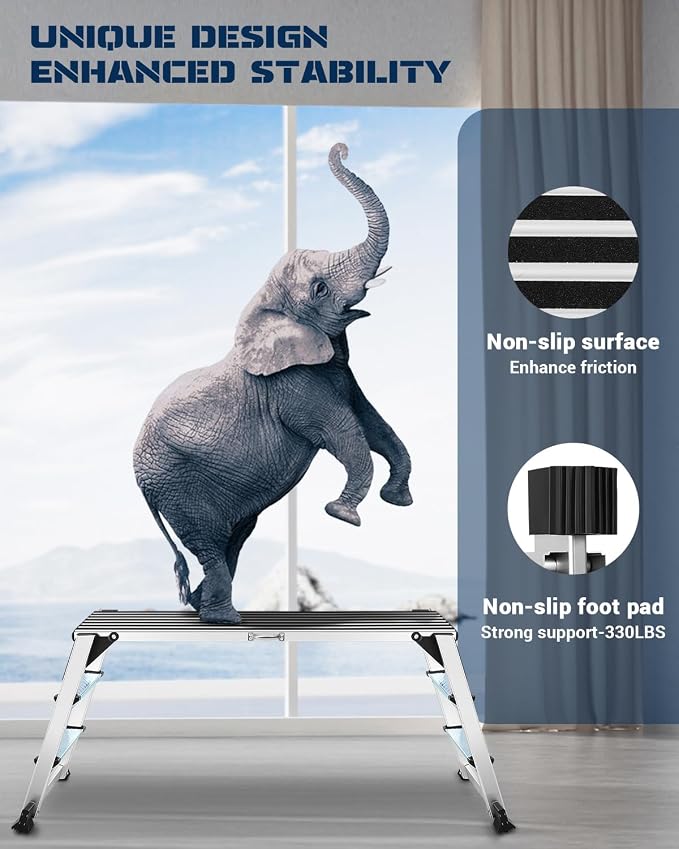 Aluminum Work Platform, Folding Work Platform Two Step Ladder, 50"×12"×27" Heavy Duty Ladder 𝐋𝐚𝐫𝐠𝐞 𝐒𝐢𝐳𝐞 Step Stool for Home, Office, Workshop and Garage