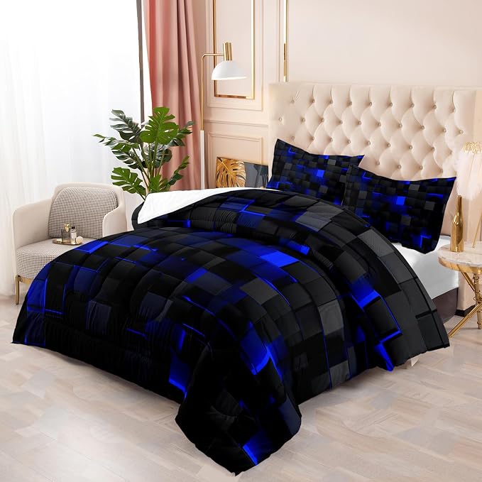 Nttopship Geometric Blue Black Comforter Set,Light Honeycomb 3 Piece Bedding Set Full Size for Teen Boys,Modern Quilt Set Geometry Decor,Microfiber Lightweight 1 Comforter 2 Pillowcases All Season