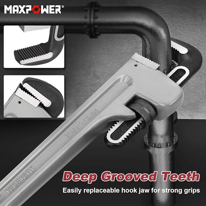 MAXPOWER 30-inch Pipe Wrench, 4.2" Jaw Opening, Aluminum Plumbing Wrench | Heavy Duty Adjustable Straight Pipe Wrench