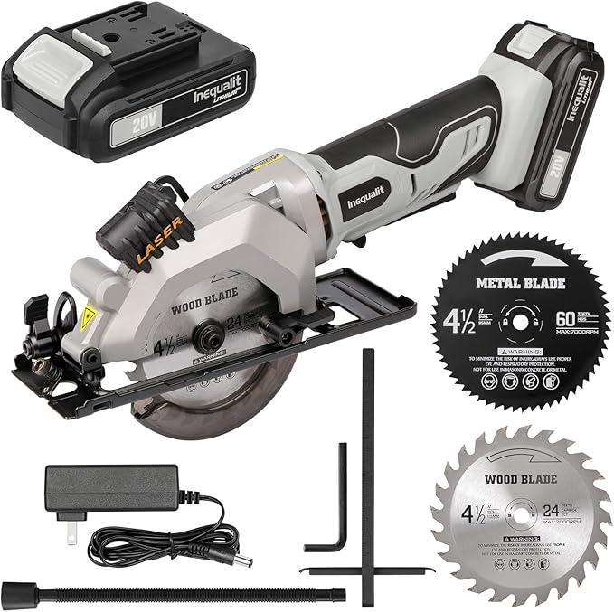 Cordless Mini Circular Saw, 4-1/2 Inch 3400 RPM Circular Saw with Laser Guide, Rip Guides, 2 Blades (24T Wood + 60T Metal), Max Cutting Depth 1-11/16" (90°), 1-1/8" (45°)"