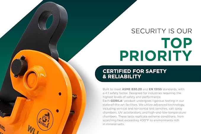 GORILA horizontal plate clamp | 6600lbs / 3 ton | Jaw opening 1.8 inch/45mm | Industrial and heavy duty Steel plate clamp for lifting and transporting | Safety factor 4:1 | Since 1989