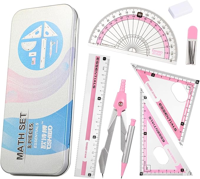 Compass Geometry Tool Protractor and Compass Set 8 Pcs Geometry Set Drawing Compass Geometry Compass and Protractor Set Math Compass with Shatterproof Storage Box for Class Supplies and School Pink
