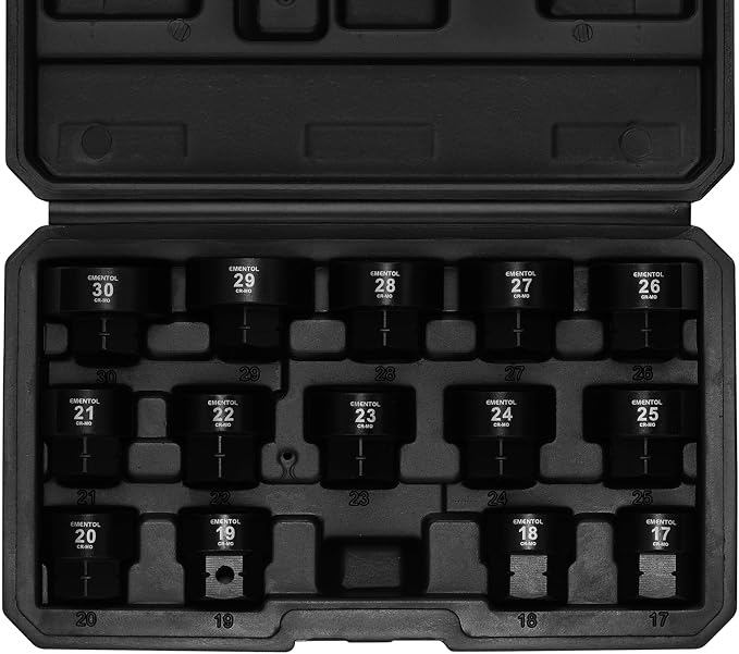 EMENTOL 1/2" Drive Low Profile Impact Socket Set, 14 Pieces Stubby Nano Sockets, CR-MO, Metric, 17mm -30mm