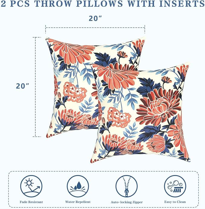 LVTXIII Outdoor Pillows 20x20 Inch, 2 Pack Large Decorative Square Throw Pillows with Inserts for Couch, Bed, Floor Seating, Patio Furniture, Vibrant Blossom