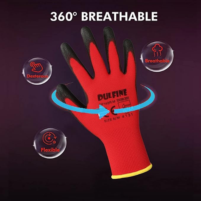 DULFINE Safety Work Gloves PU Coated-12 Pairs,Red Seamless Knit Glove with Polyurethane Coated Smooth Grip on Palm & Fingers, for Men and Women, Ideal for General Duty Work (Extra Large)