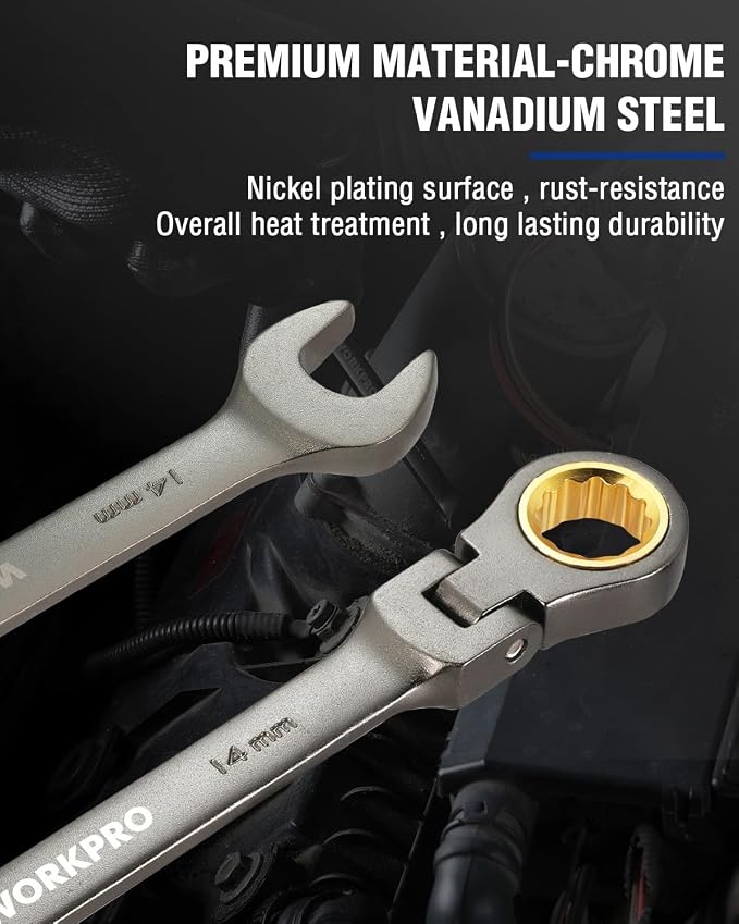 WORKPRO 14 mm Flex-Head Ratcheting Combination Wrench, Nickel Plating | Cr-V Constructed, 72-Teeth, 12 Point Design, Metric, For Home Improvement, Auto Repairs, Plumbing, Constructions, Machinery