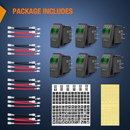 Nilight 6 Pack Rocker Switches with Night Glow Stickers 5 PIN SPST Rocker Switches with Green Backlit 12V/24V Toggle Switches for Cars Trucks RVs Boats Auto Motorcycles,2 Years Warranty
