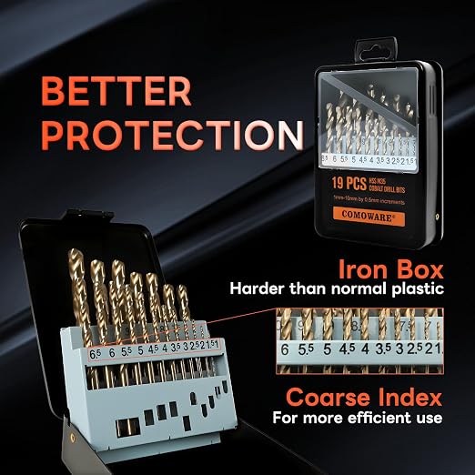 COMOWARE Metal Drill Bit Set, 19 Pieces, HSS-E M35 1-10 mm Drill Bit Set, Spiral Drill Bit Set, Professional for Metal, Steel, Iron, Self-Centring for Metalworking Drill Accessories