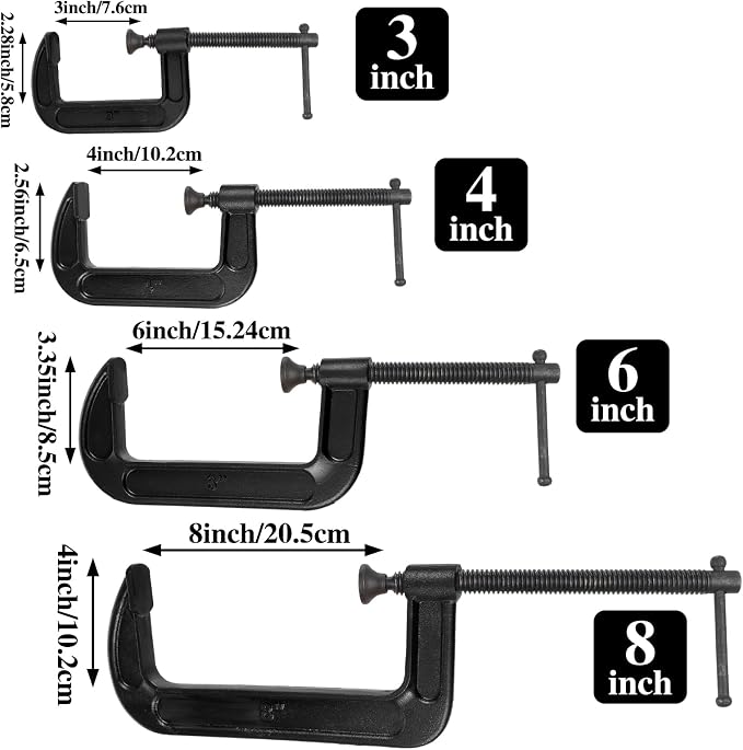 WILLBOND 4 Pcs C Clamps Set 3'' 4'' 6'' 8'' Small Steel Versatile Heavy Duty Welding Clamps Set Jaw Opening Sliding T Bar Handle for DIY Carpentry Caliper Woodworking Welding Building(Black)