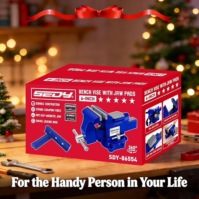 6-Inch Bench Vise with Jaw Pads, Heavy Duty Workbench Vise with Anvil, 360° Swivel Locking Base, 4500 lbs Clamping Force Bench Vice for Woodworking, Drilling, Pipe Cutting