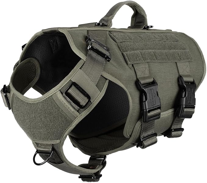 ICEFANG No Pull Tactical Dog Harness for Large Dogs,Adjustable Dog Vest | Control Handle,MOLLE Panel,Front Hook,3 Leash Clips,Soft Padded,for walking training,Green,Large