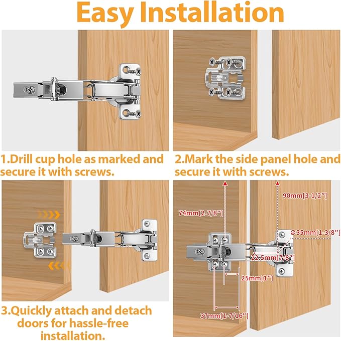 TamBee 1/2 Inch Overlay 165 Degree Cabinet Door Hinges 48mm Frameless Soft Close Hinges for Kitchen Corner Adjustable Lazy Susan for Cabinet,2 Pcs/1 Pair (Half Overlay)