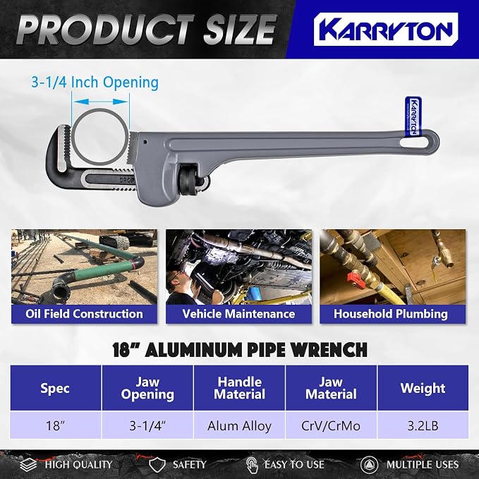 18 Inch Aluminum Pipe Wrench, 3-1/4"/83mm Adjustable Cr-Mo Jaw Opening Heavy Duty Aluminum Straight Handle Plumbing Wrenches, Perfect Plumbers Tool Exceed GGG Standard