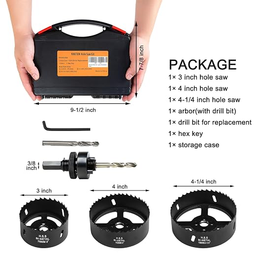 Bi-Metal Hole Saw Kit for Wood, Metal and Plastic, 3PCS Hole Saw Set with Case, Fast Chip Removal, Smooth Flat Drilling Edge, Lightweight & Portable (Black)