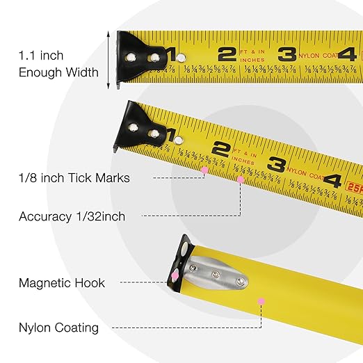WORKPRO Pink Heavy Duty Tape Measure, 25FT Retractable Tape Measurement, Double Retract Long Stand Measuring Tape Accuracy 1/32 for Engineer, with Magnetic Hook, Belt Clip, Rubber Protective Casing