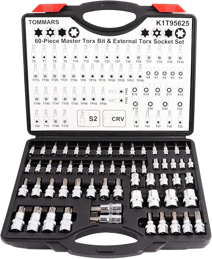 TOMMARS 60-Pc Master Torx Bit Socket & External Socket Set | 1/4", 3/8", 1/2" Drive, S2 Steel Bits, CRV Sockets, E4-E24, T6-T70, TT6-TT70, TP8-TP60