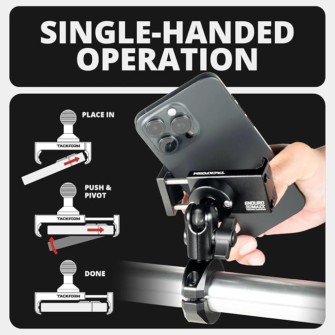 Tackform Black Motorcycle All Metal Phone Mount - Vibration Dampening 20MAXX Spring Cradle | Universal Clamp Fits 1-1/4" to 1-1/2" Handlebars | Compatible with iPhone, Galaxy, More | Short Reach
