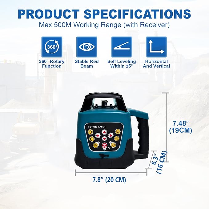 Rotary Laser Level Kit, 360 Degree Automatic Self Leveling Red Beam Horizontal & Vertical Laser Transit, 500m Working Range for Construction & Building - Blue