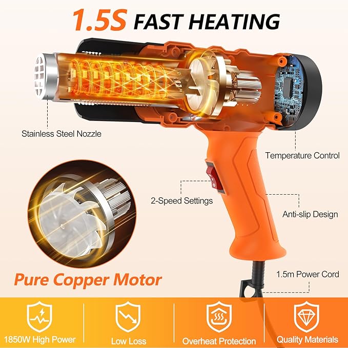 Heat Gun 1850W 1.5s Fast Heat Heavy Duty Hot Air Gun Good Temp Control 122℉-1112℉(50-600℃）Overheat Protection 2 Speed with 4 Nozzles for DIY Craft Shrink PVC Tubing Vinyl Wrap Stripping Paint Resin