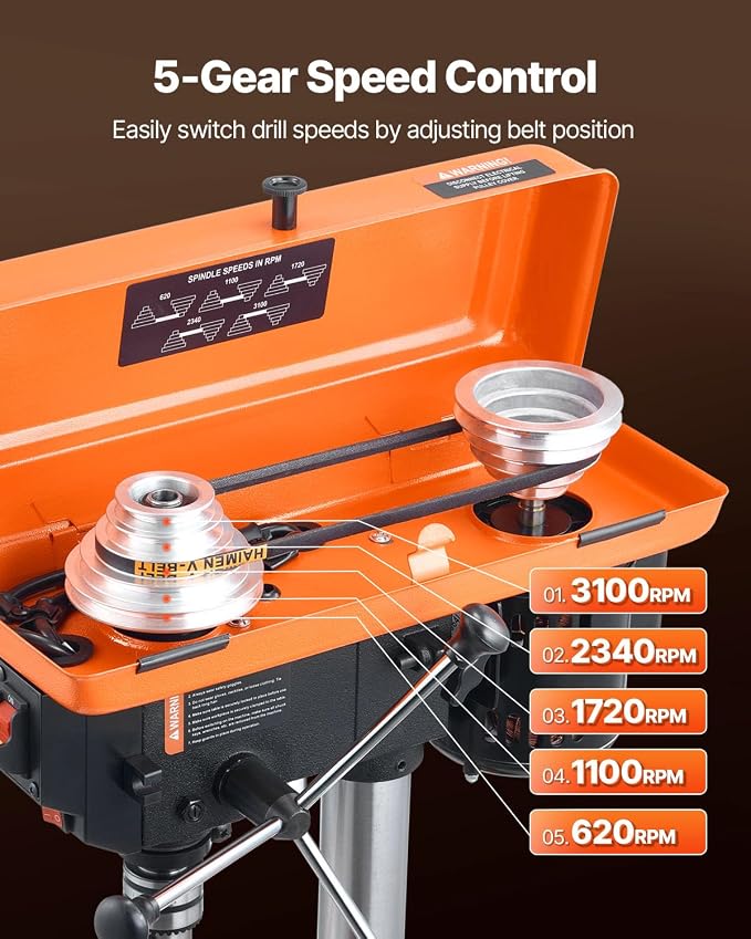 VEVOR 8 in Benchtop Drill Press, 2.5A Induction Motor, Tabletop Drilling Machine with 750/1140 / 1740/2340 / 3200 RPM Adjustable Speed, 0-45° Tilting Worktable, LED Work Light, for Wood Metal