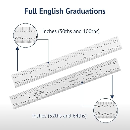 PEC Tools 6-Inch Rigid Steel Ruler, High-Quality Carbon Steel with Satin Chrome Finish, 3R Graduation (1/32", 1/64", 1/10", 1/50"), Fully Hardened and Tempered, Made in USA