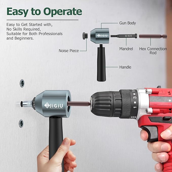 JiGiU Cordless Rivet Nut Drill Adapter Kit Electric Rivet Gun Adapter with 11 Mandrels & 100PCS Nuts Easy to Install Electric Nut Gun Adapter for Mechanical Automobile Maintenance with Carrying Case
