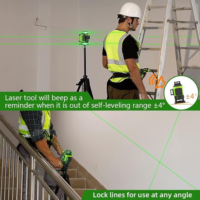 Huepar 4x360 Laser Level Self-leveling 16 Lines Green Beam 4D Cross Line Tiling Floor Tool with Laser Receiver-Horizontal & Vertical Laser Lines with Two Li-ion Batteries and Hard Case-LS04CG & LR-6RG