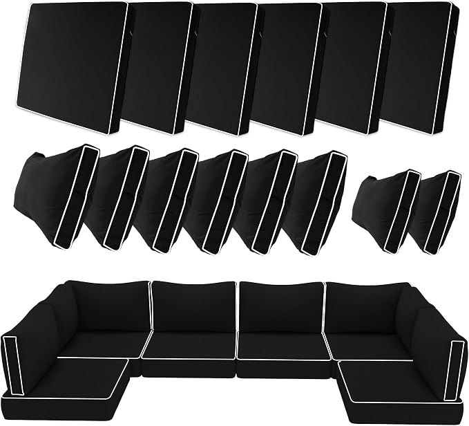 14 Piece Outdoor Patio Cushion Covers Replacement, Waterproof Outdoor Furniture Cushion Covers, Fit 7 Pcs 6 Seater Wicker Rattan Conversation Sofa Set, Black+White Piping(Only Cover) 25.6x25.6"