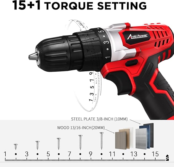 AVID POWER 20V Cordless Drill Set for Home DIY & Beginner Projects - Lightweight Power Drill with Battery Charger & 22 Bits, Variable Speed, 3/8" Keyless Chuck, Ideal for Furniture Assembly (Red)