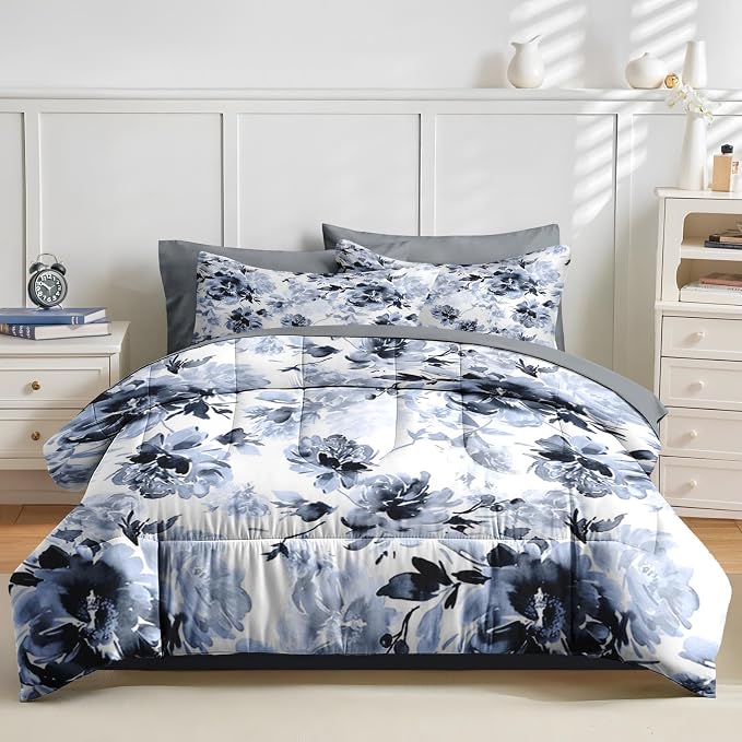 Nesker Comforter Set King Size, Navy Blue Floral 7 Pcs Bedding for Kids and Adults, Blue White Abstract Bed Sheet Sets with Fitted Sheet 2 Pillowcases & 2 Shams