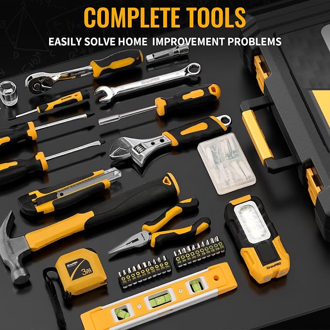GRENPRO 219PCS Basic Home Auto Mechanic Hand Tool Kit with Storage Tool Box | Portable Tool Box, CR-V Steel, Complete Kit, Anti-Drop Slots, Household DIY, Auto Motorcycle, Home Garage For Men & Women