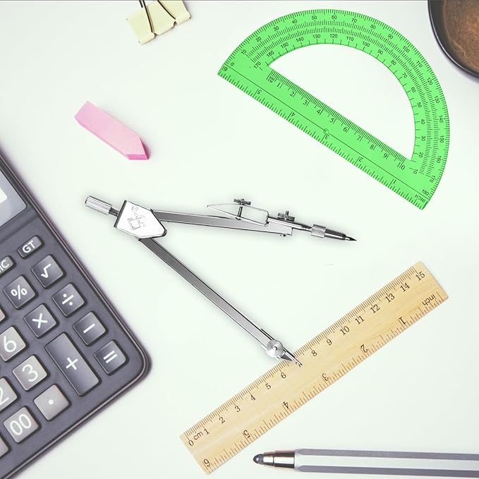 Students Geometry Math Set, Drawing Compass and 6 Inch Transparent Swing arm Protractor 180 Degree Math Protractor (Green)