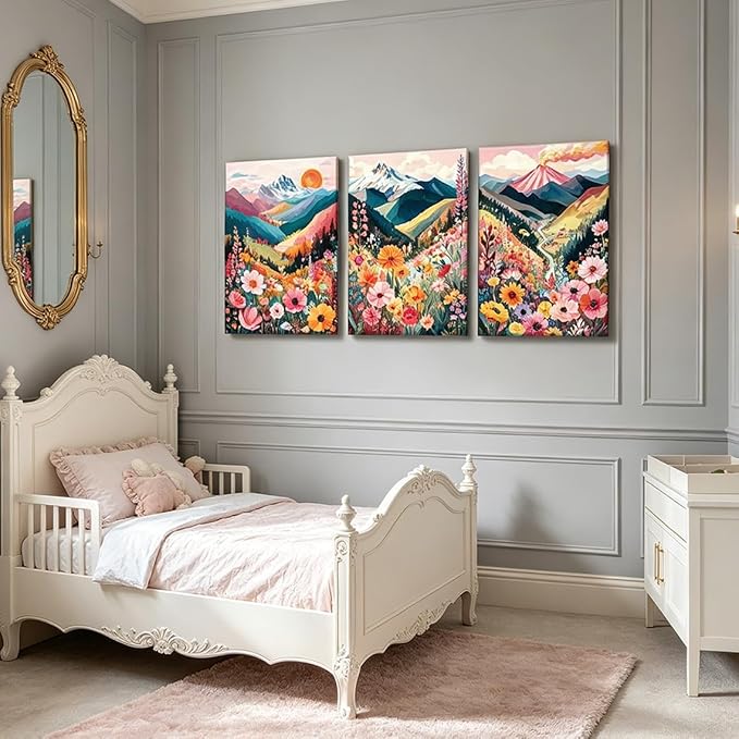 Frimeeme Colorful Watercolor Floral Mountain Canvas Wall Art, 3-Piece Boho Nature Landscape Print, Living Room Bedroom Decor, 12x16 in,Framed