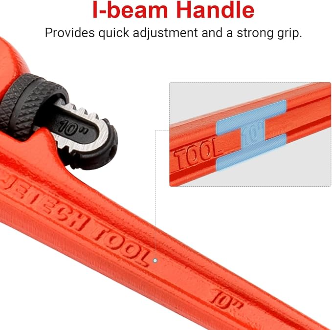 Jetech 10-inch Heavy Duty Straight Pipe Wrench, Adjustable Aluminum Plumber with Floating Hook Jaw and I-Beam Handle, Red