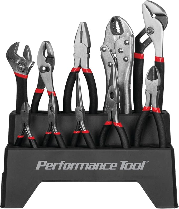 Performance Tool W1705 Pliers Set with Rack (10 Pieces) - Double Dipped Grip Handles, Heat-Treated Alloy Steel, Free Standing or Pegboard Hanging, Machined Jaws, Induction Hardened Cutting Edges