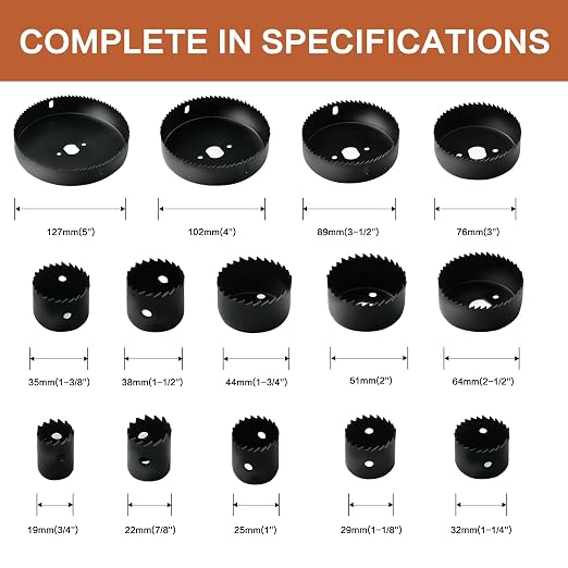 Hole Saw Set, 19Pcs Hole Saw Kit with 3/4" to 5" (19mm-127mm) Saw Blades, Mandrels, Drill Bits, Installation Plate, Hex Key, Ideal for Soft Wood, Plastic, PVC Board, Drywall with Storage Case