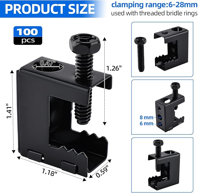 100pcs Spring Steel Beam Clamps 1/4"-20 Metal Beam Hangers Bolt on Clamp for 1/4" and 3/8" Threaded Rod, S-hooks and Bridle Rings, Black